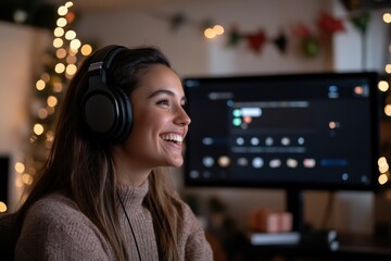 A delighted young woman is engaged in digital editing, sporting headphones while wearing a warm sweater, encapsulating a cozy festive vibe highlighted by enchanting lighting.