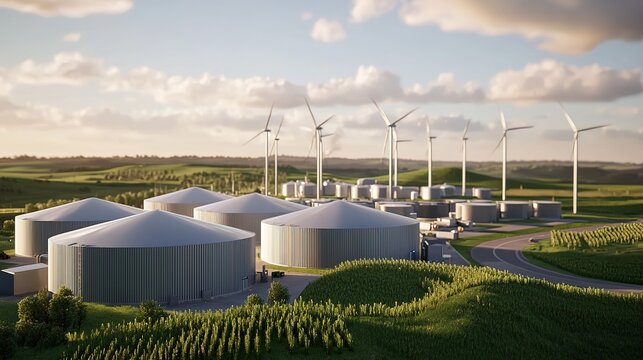 A modern renewable energy facility featuring wind turbines and biogas storage tanks, set against a scenic landscape with green hills.