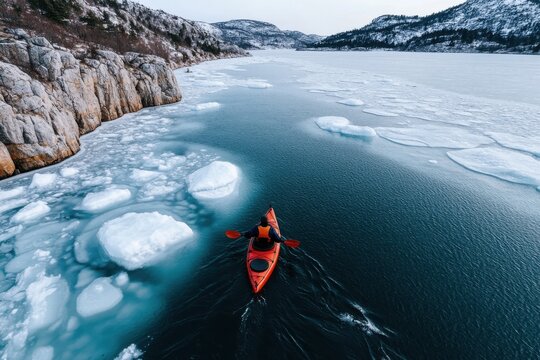 A vibrant orange kayak glides through icy waters surrounded by jagged cliffs and floating ice, capturing the essence of adventure in a breathtaking winter landscape. - Powered by Adobe