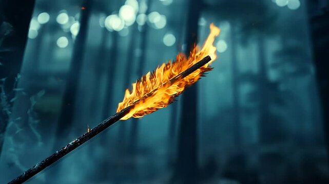 A blazing arrow flies elegantly through a dark, enchanted forest as twilight descends. Trails of fire illuminate the surrounding trees, creating an ethereal atmosphere of adventure.