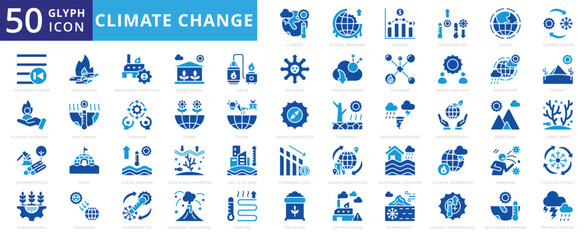 Climate change icon set with earth, mountains, desert, climate, fauna, atmosphere, agricultural, arctic, thermometer, temperature, environment, global warming, flora, fertilizer, and deforestation