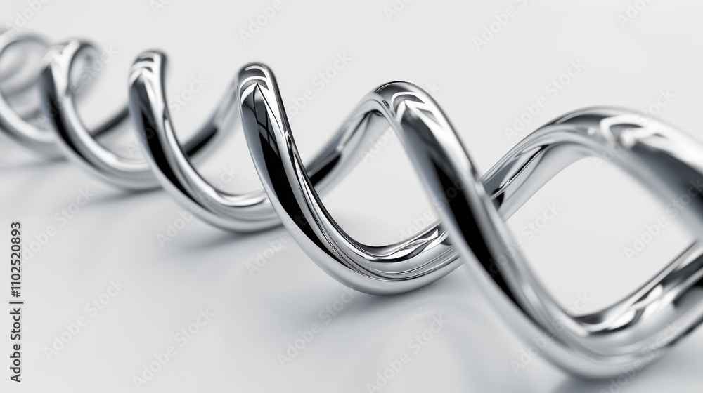Poster close-up of a shiny metal spiral with smooth curves, reflecting light and displaying a futuristic, m