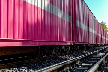 Fototapeta premium A vibrant pink freight train stretches endlessly on steel tracks under a bright sky, showcasing industrial charm by Generative AI.