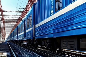 Fototapeta premium A sleek blue train moves under intricate overhead wires, symbolizing modern transportation by Generative AI.