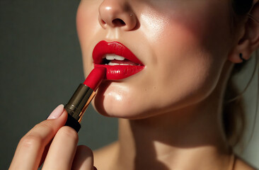closeup of woman applying red lip gloss lipstick