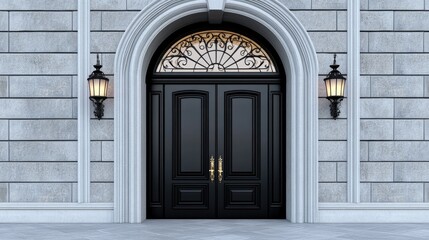 Luxurious black double door features a decorative arch and warm illumination, set against stunning gray stone walls