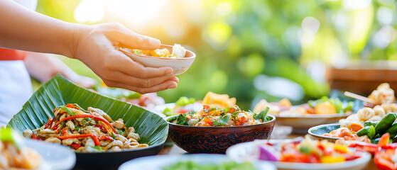 Travel concept of street foods and local cuisine. A person serving colorful dishes at a vibrant outdoor setting, showcasing a variety of fresh and healthy foods.