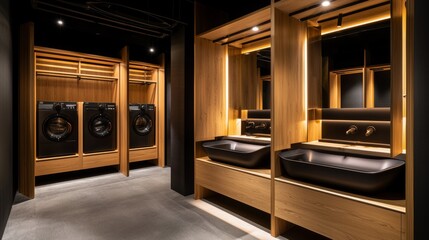 Laundry area in hostel, efficient quick-wash machines, space-saving design, air-dry corner