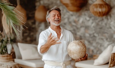 Fototapeta premium Man joyfully holds a sphere, expressing serenity. AI.