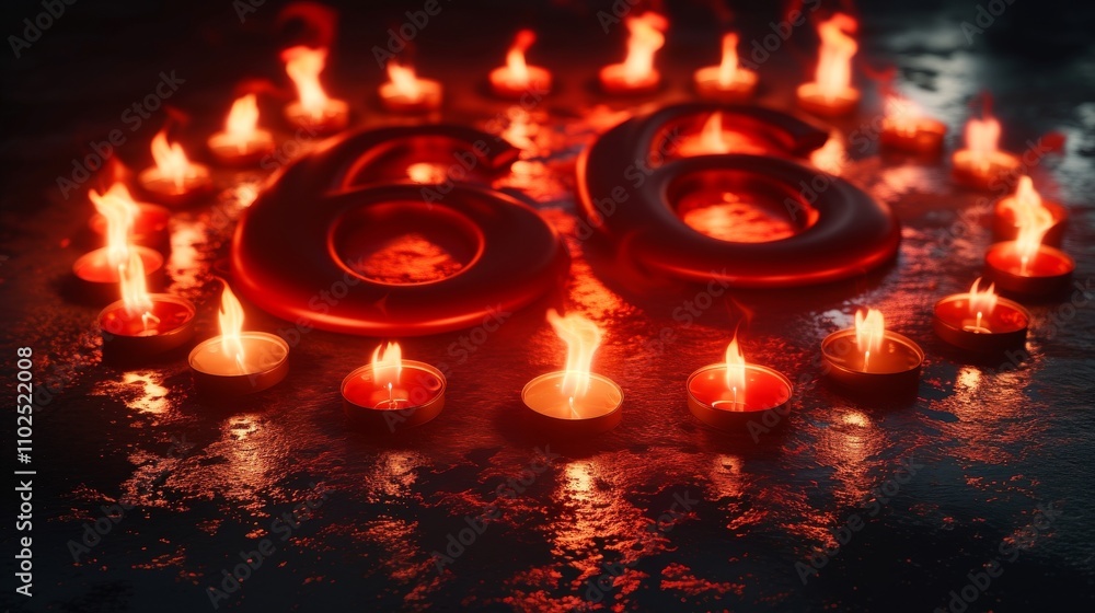 Poster glowing number 66 illuminated by small flames, surrounded by lit candles in a dark and reflective en