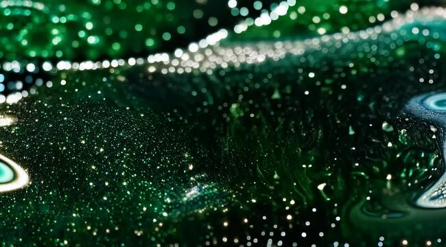 Shimmering green and silver glitter surface reflects light in mesmerizing patterns