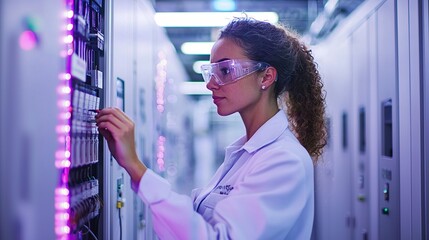 A focused technician adjusts equipment in a high-tech data center, showcasing expertise in a modern, illuminated environment.