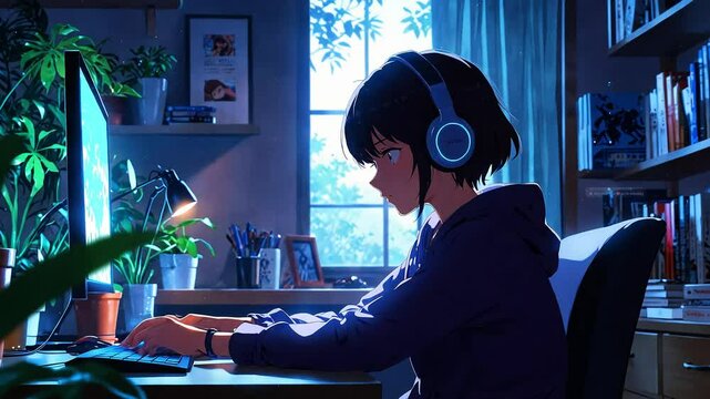 Lo-fi Animation A Girl With Headphones And Computer Seamless Loop Video