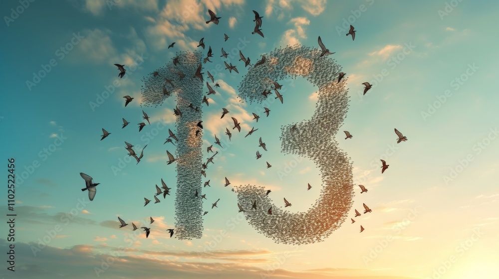 Poster a captivating digital scene where a flock of birds forms the number 13 in the sky, silhouetted again
