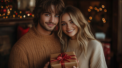 Engaging couple joyfully celebrates the festive season while holding a beautifully wrapped gift indoors. Generative AI