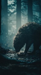 Obraz premium A dark, furry creature searches the forest floor. AI.