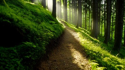 Misty forest path, soft sunlight illuminating a vibrant clearing ahead, capturing the journey of growth and transformative business milestones--style raw