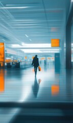 A lone figure walks through a modern, bright hallway. AI.