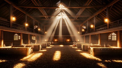 Spacious barn interior with pigs eating from troughs, detailed straw bedding, earthy tones, beams of sunlight creating a peaceful farm vibe--style raw