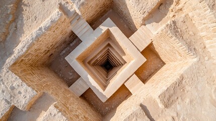 Overhead view of Mohenjo-Daro, detailed stone walls, faded earth hues, Sindh province--style raw
