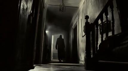Silhouetted figure walking down a dark, old hallway