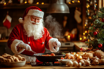 Santa Claus is joyfully cooking in a festive kitchen. Concept of holiday spirit and warmth. For holiday greeting cards or festive promotions.