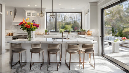 Obraz premium A bright, airy kitchen with large windows letting