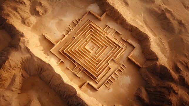 Aerial view of Mohenjo-Daro ruins, intricate layout, sand-toned landscape--style raw