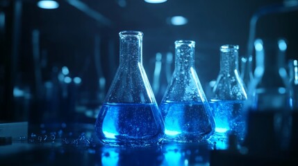 Three Erlenmeyer flasks filled with glowing blue liquid sit on a dark lab bench.