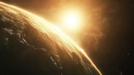 Obraz premium A breathtaking view of Earth at sunrise, showcasing the curvature of the planet against the backdrop of space with warm sunlight illuminating the atmosphere.