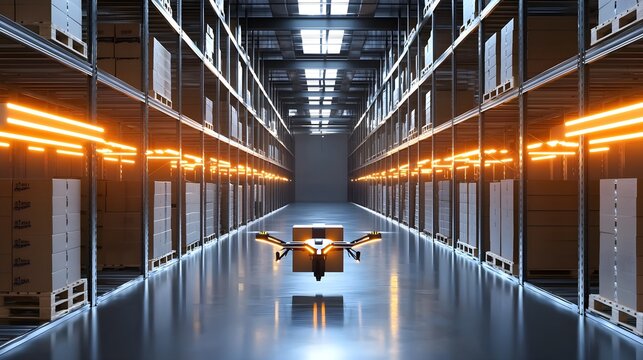 Ultra-modern warehouse scene with AR-enabled shelves, drones assisting with package picking, augmented digital signals guiding workers--style raw