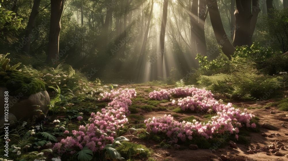 Poster a magical forest path lit by golden sunlight, adorned with pink flowers arranged in elegant patterns