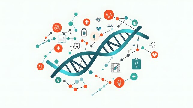 A digital DNA strand with overlapping medical icons, representing the integration of genetics and healthcare.