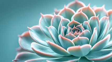 Obraz premium Echeveria close-up showcasing its symmetrical rosette form, muted green and pink tones blending into an abstract, soft-focus natural background