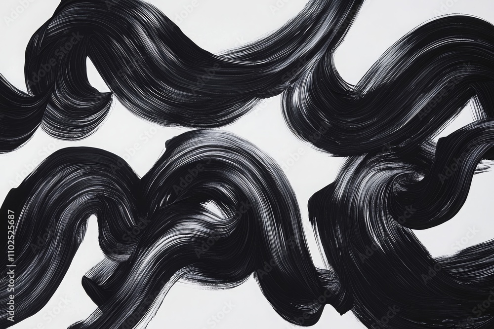 Poster abstract black brush strokes on white canvas creating dynamic flowing patterns for modern art and in