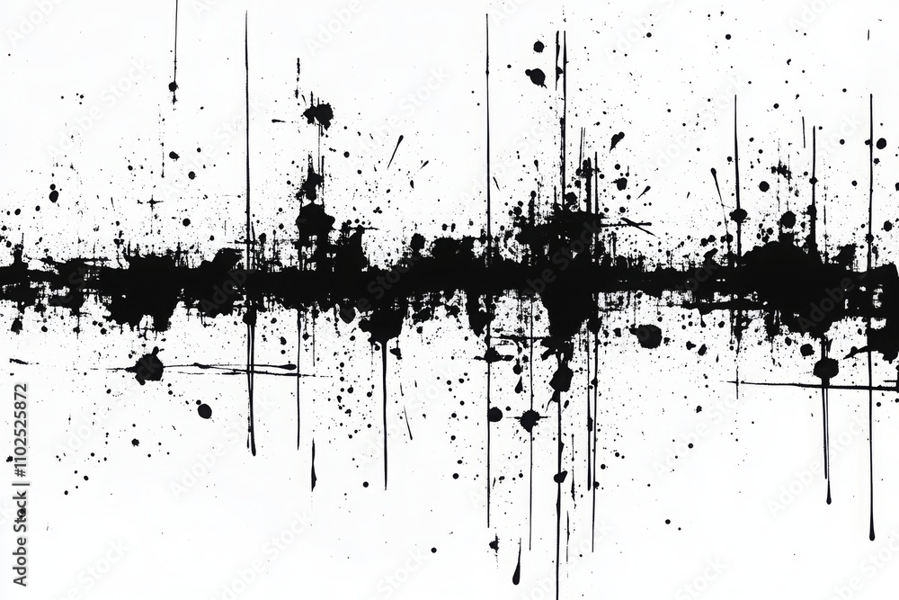 Poster abstract black ink splatter on white background creating dynamic visual texture and energy for moder
