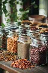 Colorful jars filled with seeds of various plants, representing the diversity of nature and growth potential.