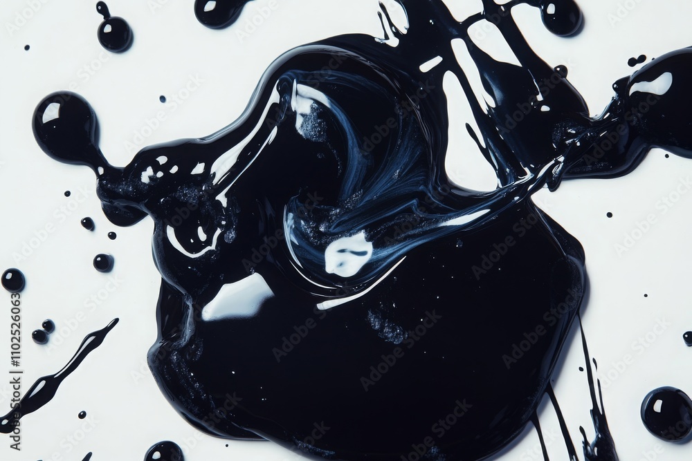 Poster abstract close-up of flowing black liquid paint creating dynamic shapes and textures on a white back