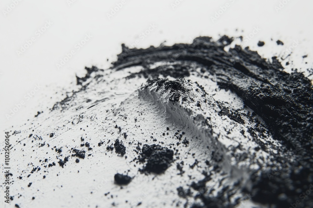 Poster abstract close-up of black pigment powder creating dynamic textures and patterns on a white surface,