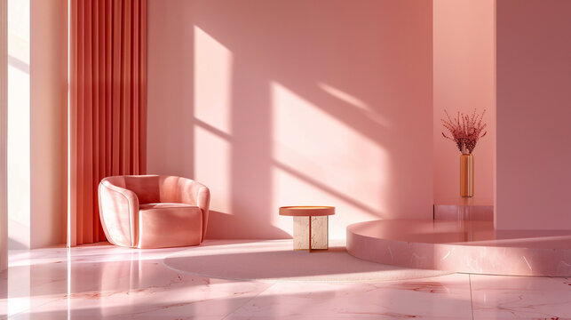 Minimalist interiors showcasing stylish furniture and decor against colored walls.