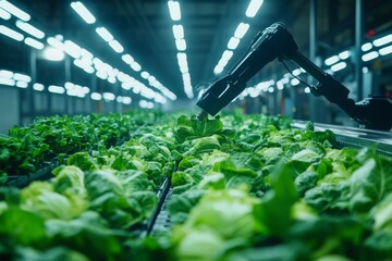 Advanced Robotic Arm Harvesting Fresh Lettuce in a Modern Indoor Vertical Farm with Artificial Lighting and High-Tech Agricultural Setup