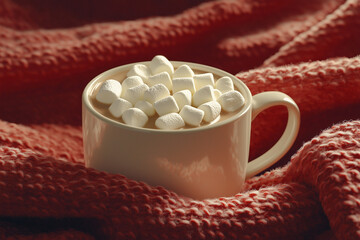 A hot cup of cocoa with marshmallows and a cozy blanket