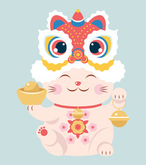 Cute lucky kitty wearing dragon mask on head, holding bell in left paw and gold ingot in right paw. Funny beckoning cat with dragon mask, gold ingot and bell in raised paws. Isolated vector object