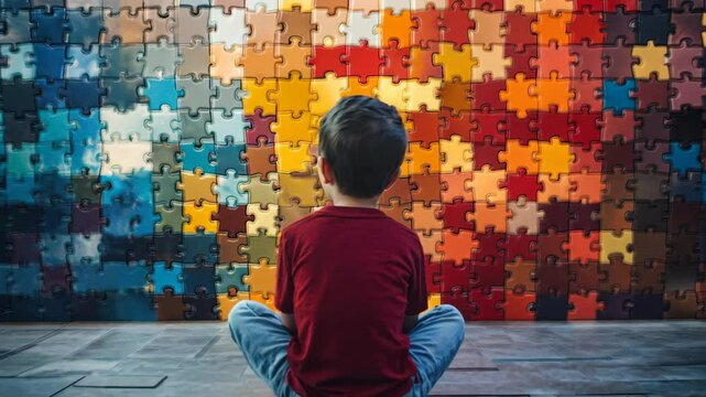 AI generated back view of autism spectrum boy sitting against the jigsaw puzzle wall 4K Video