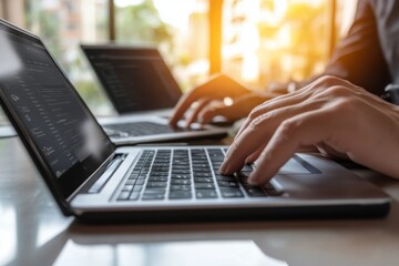 Close-Up of Hands Typing on a Laptop in a Modern Workspace with Natural Light Streaming Through Windows, Highlighting Focus on Technology and Productivity