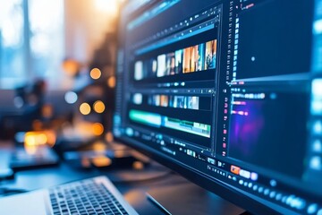 Close-Up of Computer Monitor Displaying Video Editing Software Interface with Colorful Clips and Soft Background Bokeh for Creative Digital Work Environment