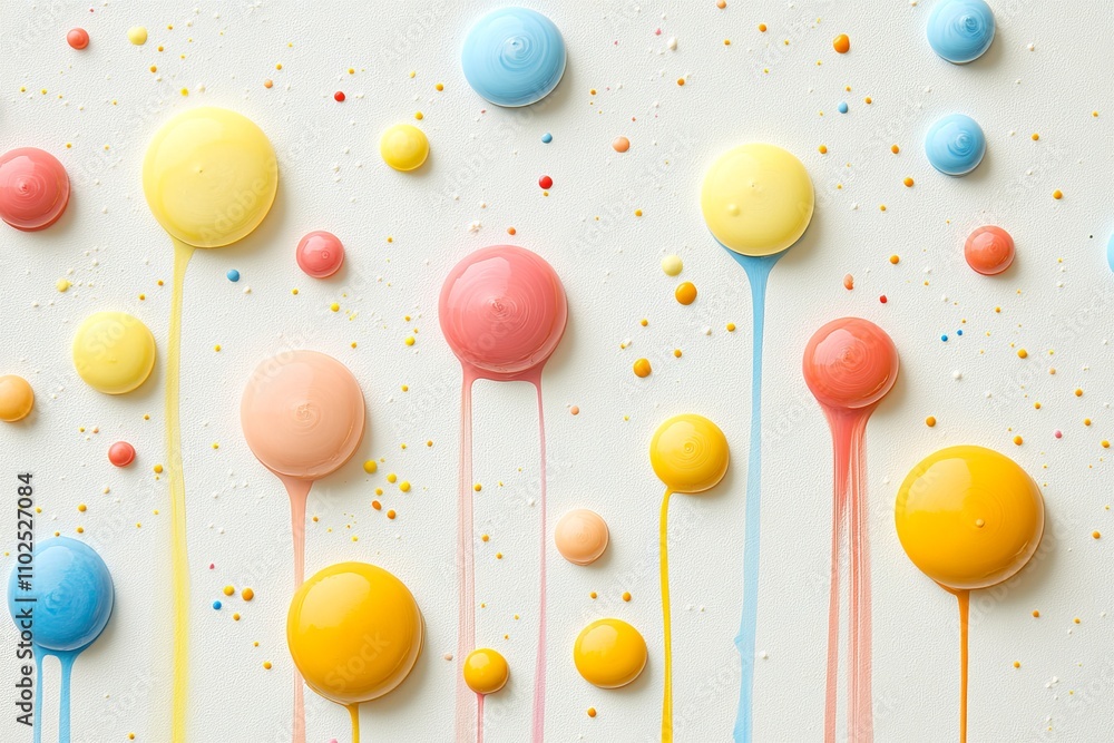 Poster colorful dripping paint drops on white background creating an abstract artistic design with various 
