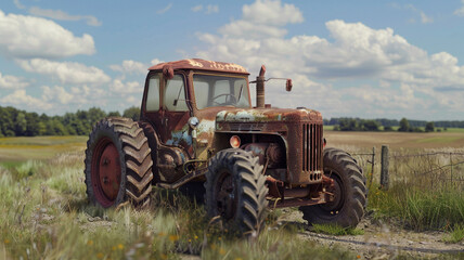 Fototapeta premium A timeworn tractor sits idle in a sunlit field, its rusty exterior narrating decades of toil and agricultural legacy.