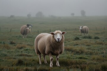Obraz premium sheep stand in middle of grass in foggy weather