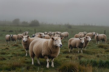 Obraz premium sheep stand in middle of grass in foggy weather